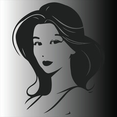 a close up of a woman's face with long hair black and white vector art