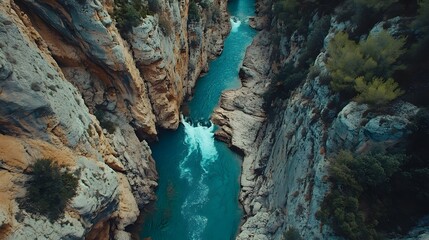 Adventurer exploring narrow canyon, young person in vibrant outfit navigating rocky landscape, nature's beauty, dynamic journey.