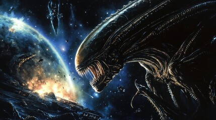 Alien Queen Surveys Space Battle Devastation