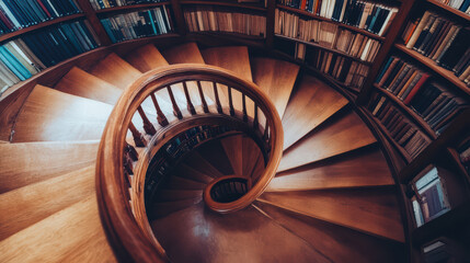 winding wooden staircase in cozy library, surrounded by bookshelves filled with various books, creates warm and inviting atmosphere for reading and relaxation