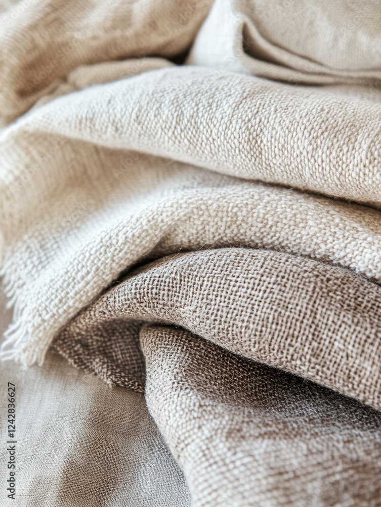 Poster soft, textured fabric showcasing natural colors in a warm setting while draping elegantly on a surfa