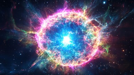 Obraz premium A vibrant cosmic explosion in a nebula displays colorful energy
