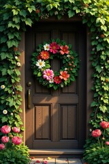 Wooden door with a wreath of flowers in the spring, forest, wreath, natural