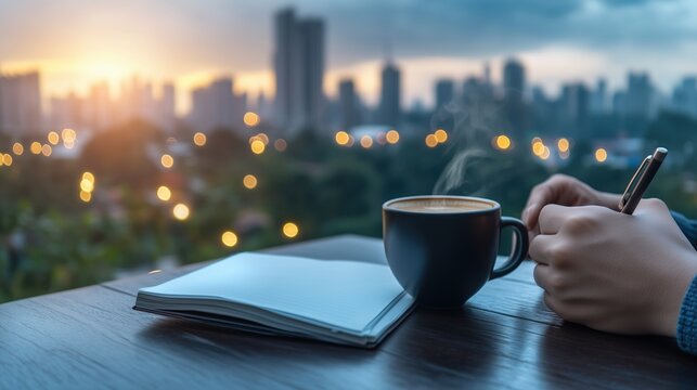 Cup of coffee on a table with a notebook and cityscape view at sunset. Reflection and relaxation concept.
