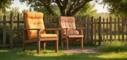 Fototapeta premium Wooden armchair placed in front of a wooden fence on a peaceful orchard, rustic charm, orchard view