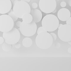White abstract stage mockup - flying plastic circles as decor. Template 3D illustration contemporary, geometric scene for presentation cosmetic products, advertising, sale, display, black friday.