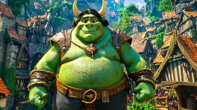 Green ogre stands confidently in a vibrant fantasy village surrounded by lush greenery and charming cottages under a clear sky