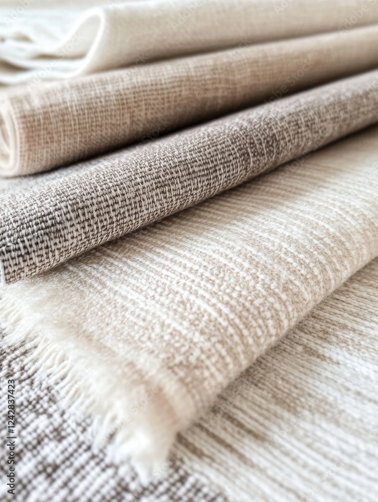 Poster textured fabric rolls in neutral tones arranged on a surface for design inspiration and material sel
