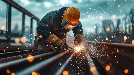 Worker with protective mask welding metal in workshop