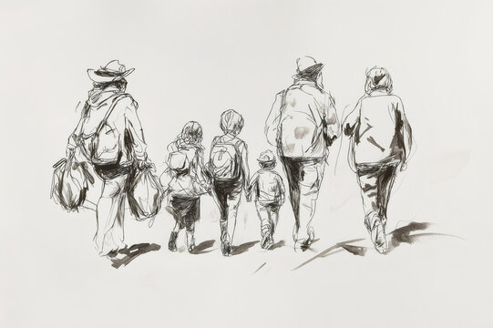 Ink sketch of a family walking away from the viewer, carrying bags and backpacks, suggesting a hiking trip or similar outdoor activity