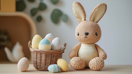 A charming crochet bunny sits beside a basket filled with colorful eggs, capturing the essence of handmade crafts and festive creativity.
