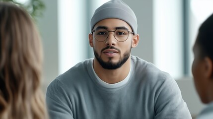 Close-up of a young man wearing glasses and a beanie in a modern office setting, attentively listening during a group discussion. focused participation
