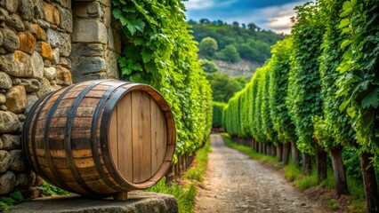 Wine barrel in a vineyard surrounded by greenery and old stone walls, vineyard, countryside, stone