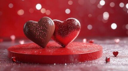 Fototapeta premium A round red stage with chocolate designs, two hearts, and a sparkling glitter gradient for a Valentine's Day backdrop.