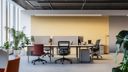 Modern Office Space with Desks, Chairs, Plants and Yellow Wall with Natural Lighting