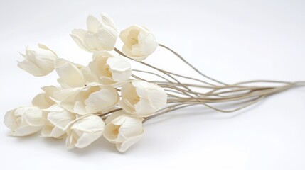 Fototapeta premium A collection of pristine white flowers with slender stems is artfully displayed against a gentle white backdrop. The composition radiates calmness and purity, inviting tranquility