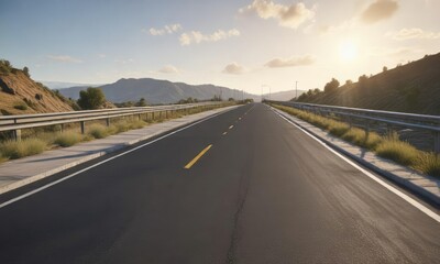 Fototapeta premium Wide shot of a newly paved asphalt road with a bridge in the distance, driving road, asphalt surface