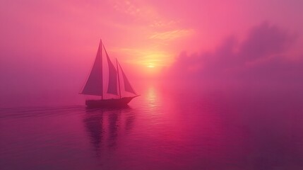 Naklejka premium Sailing vessel on serene water, tranquil sunset casting vibrant pinks and purples, peaceful atmosphere, perfect for inspiration.