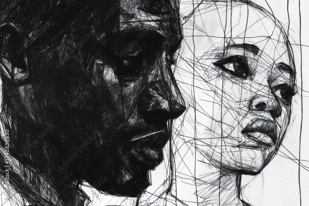 Poster black and white ink sketch representing a couple, using overlapping lines and crosshatching techniqu