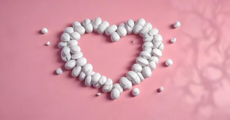 Obraz premium White pills arranged in the shape of a heart on a pink background, wellness, vitality, prescription, medication