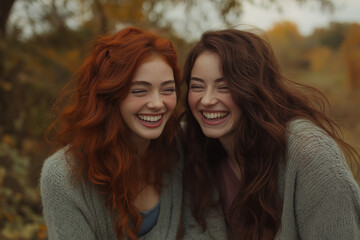 Obraz premium Photo of two women laughing and hugging. One woman has dark brown hair, wearing a cardigan with a white shirt underneath.