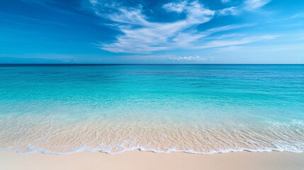 Fototapeta premium Tropical beach landscape with crystal-clear turquoise waters meeting soft white sand under a bright blue sky, creating a serene and relaxing vacation scene