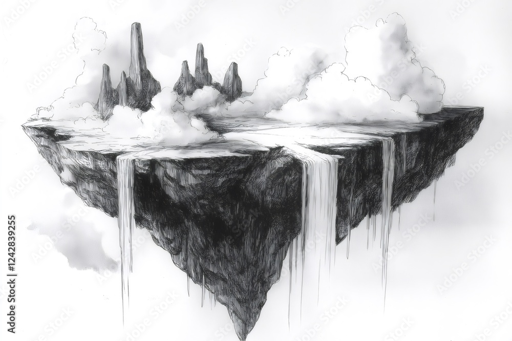 Poster ink sketch of a floating island with waterfalls, clouds and rock formations, creating a surreal and 