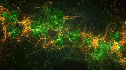 Naklejka premium Glowing shamrocks digital art, dark background, St. Patrick's Day design