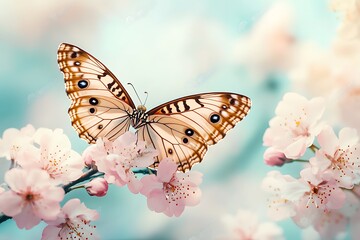 A butterfly perched on a delicate cherry blossom branch, with soft pink petals enveloping it, embodying the grace of spring in a beautiful garden.