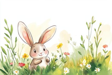 A charming illustrated rabbit sitting among vibrant wildflowers, evoking a sense of whimsy and tranquility in a natural setting.