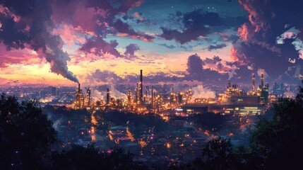 Fototapeta premium Industrial Cityscape Sunset Sky Glowing Refinery