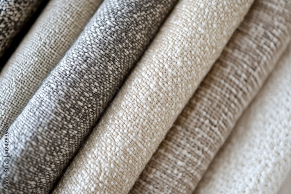 Poster soft and textured fabric swatches in neutral tones displayed in a close up arrangement for design in