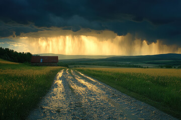 Fototapeta premium Hail Pelts Down as Dark Storm Clouds Loom Over Town