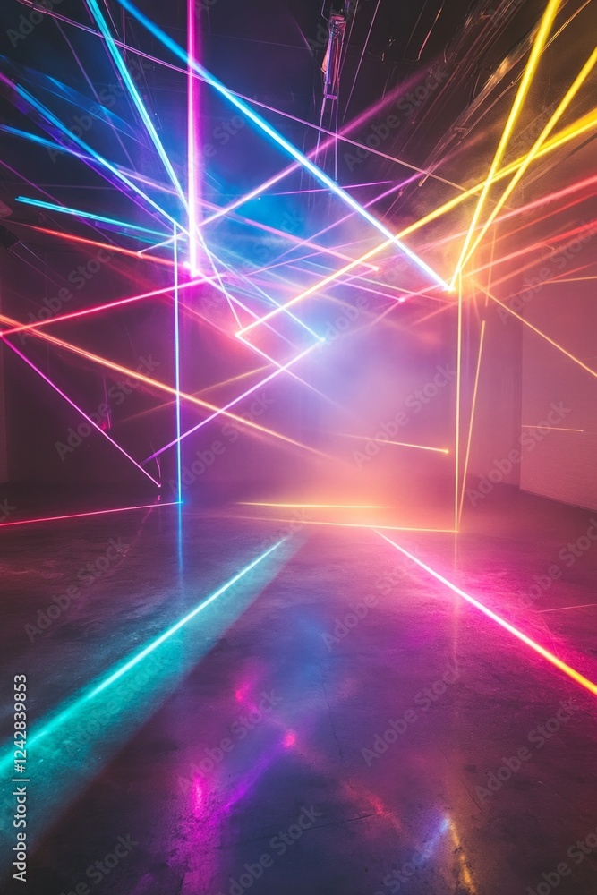 Poster an empty misty room filled with colorful laser beams from different light sources shoot out, interse