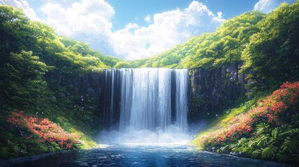 Fototapeta premium Serene Waterfall Landscape: Nature's Tranquil Beauty