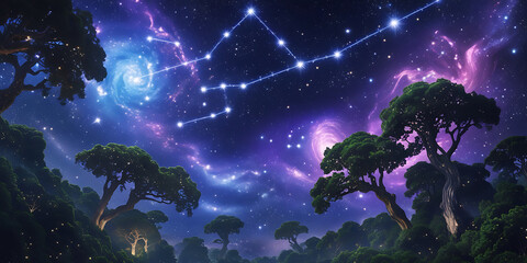 a vibrant constellation sprawled across the starry night sky above a lush, dense forest, created by generative ai