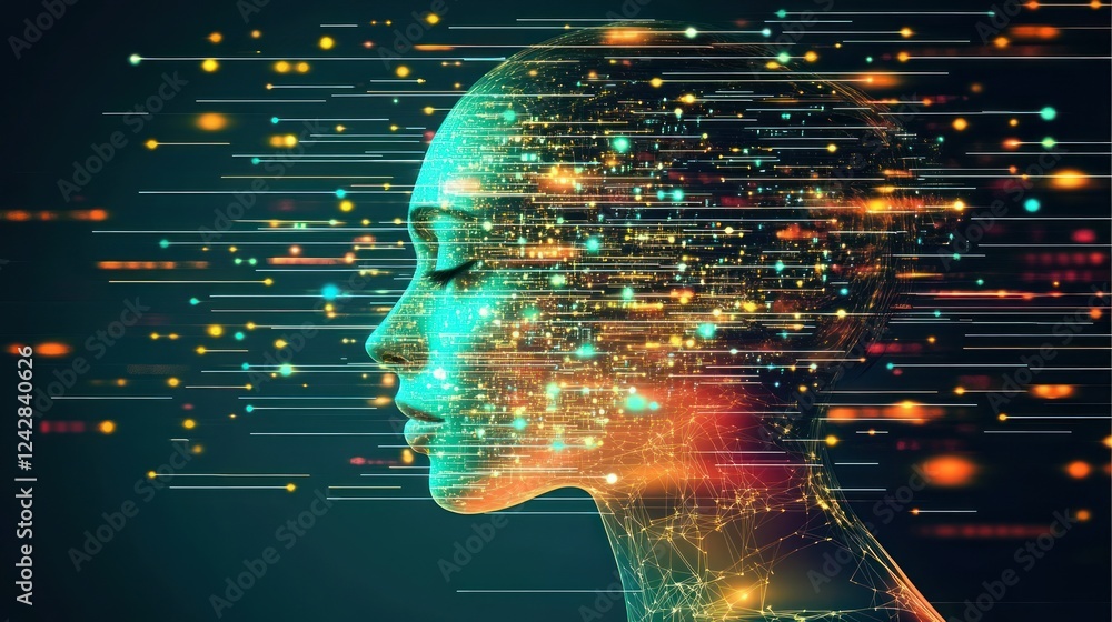 Poster digital mind data streams flowing through a humanoid head