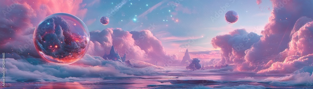 Poster a dreamlike celestial landscape with floating planets