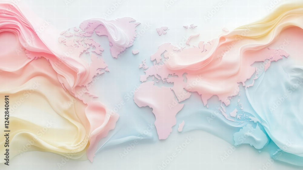 Poster colorful world map created with pastel swirls showcasing continents and oceans. generative ai