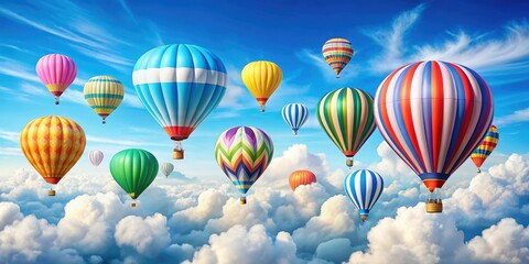 Fototapeta premium Whimsical illustration of colorful hot air balloons floating above a bright blue sky with fluffy white clouds, whimsical, sunny day, colorful, adventure theme, clouds
