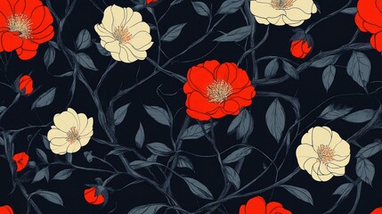 Red and Cream Camellia Blooms on Dark Vines