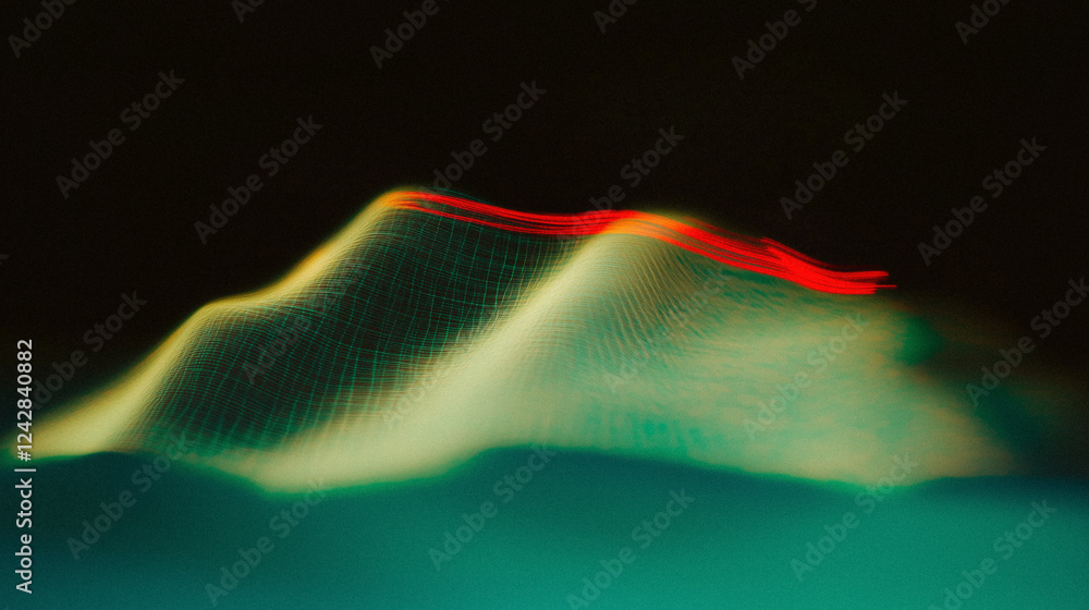 Poster abstract lightwave landscape with neon red and green flowing patterns on dark background