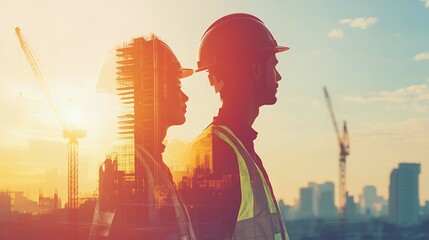 Construction worker silhouette, Man and woman wearing hard hats with city construction background, concept engineering teamwork, urban development, construction safety, and civil engineering
