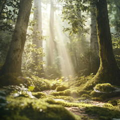 Obraz premium Sunlight filters through lush forest canopy, illuminating serene path covered in vibrant green moss and surrounded by towering trees