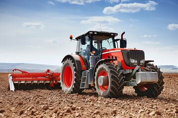 Obraz premium Red tractor plowing a field under clear blue sky on a sunny day.