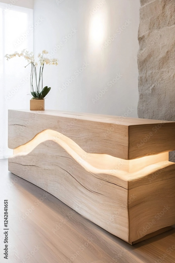 Poster the reception area features a sleek desk crafted from reclaimed wood, seamlessly blending with soft 