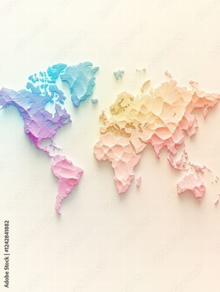 Poster world map design featuring soft pastel colors and layered topography reflecting continents and ocean