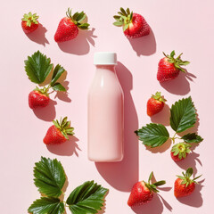 bottle of strawberry flavored milk surrounded by fresh strawberries and green leaves on pink background, creating vibrant and refreshing scene
