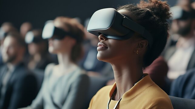 VR Headset Technology, Woman using virtual reality headset in audience, concept augmented reality, innovation, metaverse, digital future, simulation
