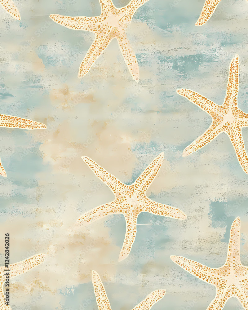 Poster starfish pattern on a textured background in coastal colors. generative ai